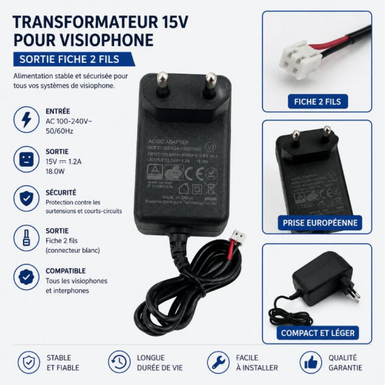 Transformateur AC/DC 15V 1.2A pour visiophone AHD-tuya Modele 10pouce