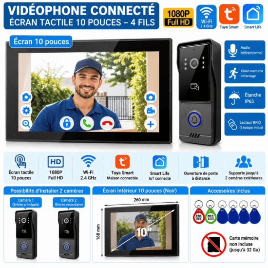 Sonnette videophone Tuya avec moniteur10" intelligent et contrôle d'accès aux portes HM5 AHD10 avec option NVR et carte Mifare