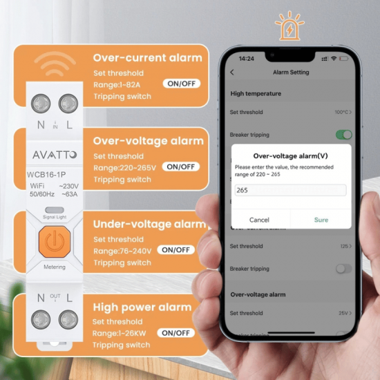 Disjoncteur intelligent WiFi AVATTO WCB16-1P 63A avec mesure consommation d'énergie compatible Tuya , alexa , googlehome