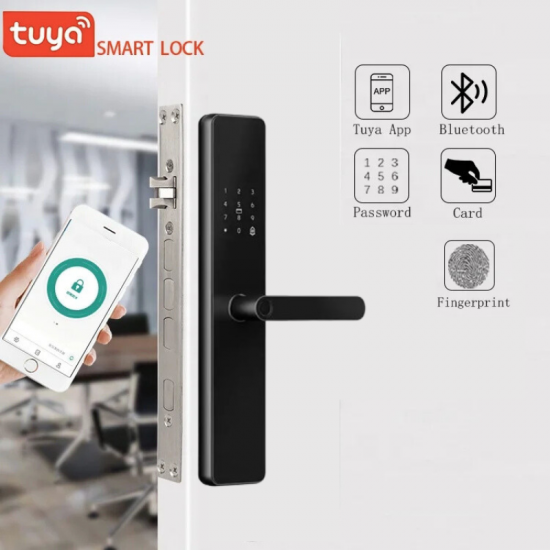 Serrure de Porte Intelligente JRP  – Étanche – WiFi + Bluetooth – Empreinte Digitale & Code – Compatible Tuya – Format 6068 – Noir