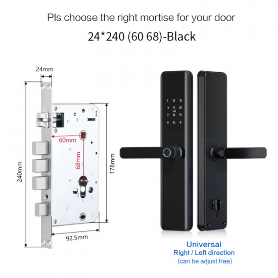 Serrure de Porte Intelligente JRP  – Étanche – WiFi + Bluetooth – Empreinte Digitale & Code – Compatible Tuya – Format 6068 – Noir