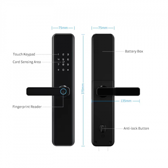 Serrure de Porte Intelligente JRP  – Étanche – WiFi + Bluetooth – Empreinte Digitale & Code – Compatible Tuya – Format 6068 – Noir
